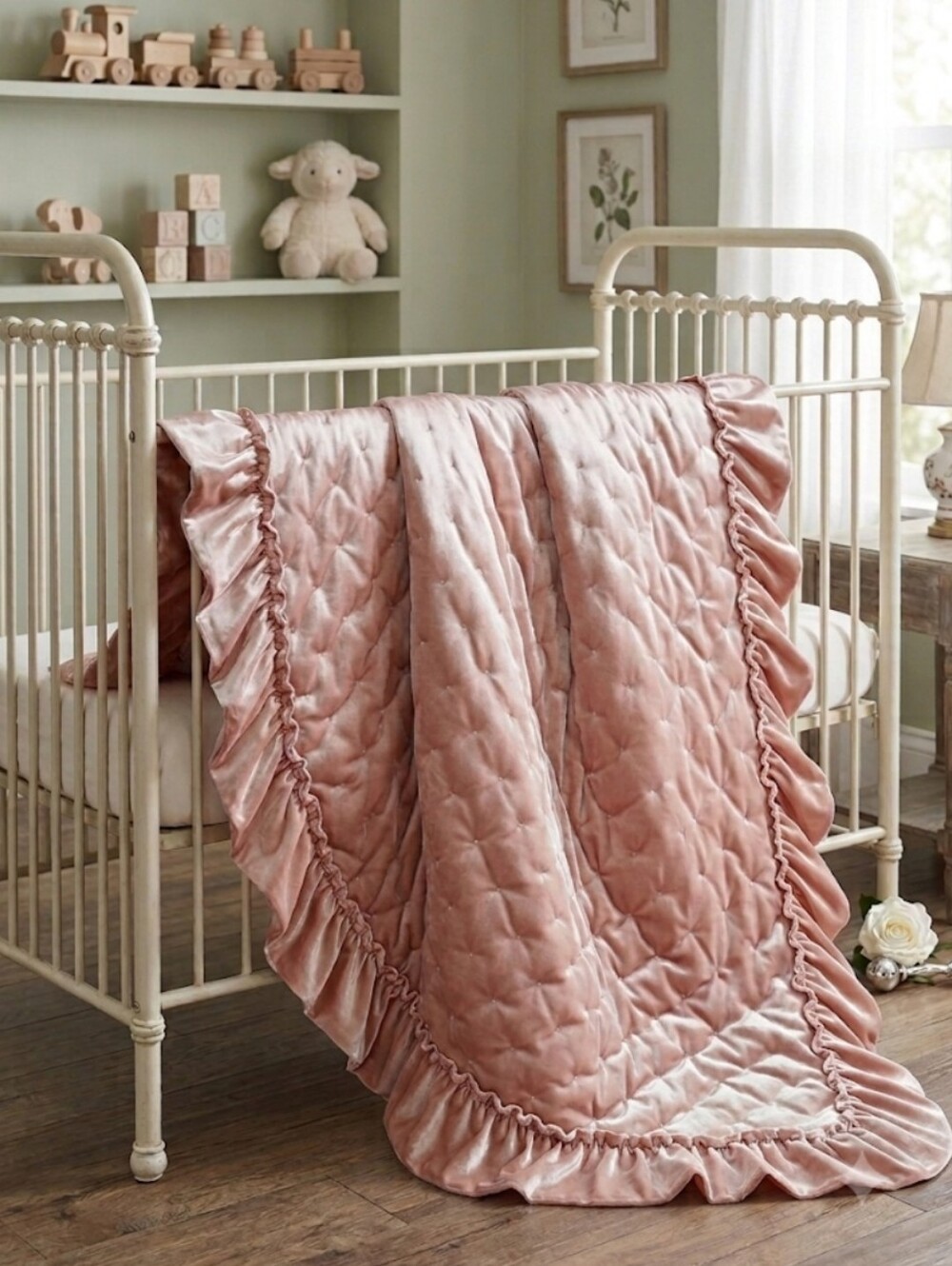 Levtex Baby Heritage NWOT Blush Pink Velvet Quilted Crib Blanket Quilt Ruffle 36